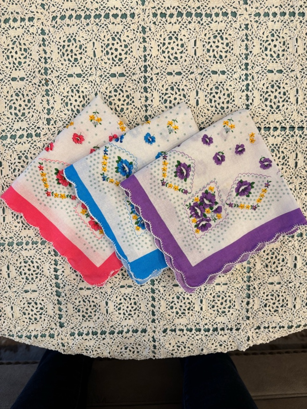 Vintage Floral 100% Cotton Handkerchiefs - Pink, Blue, Purple scalloped Trim